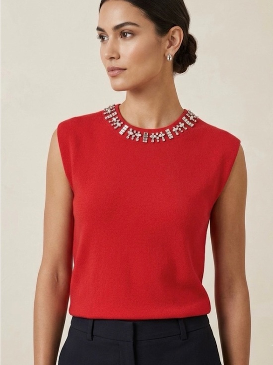 Tahari Tops - Tahari Pure Luxe Red 2-Ply Cashmere Jeweled Collar Sleeveless Knit Top NWT SizeM